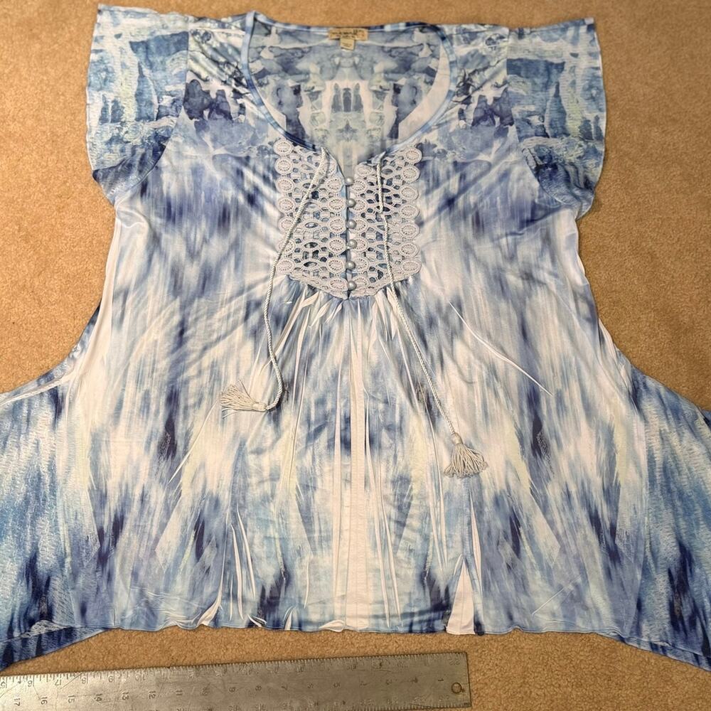 One World Live and Let Live Tunic Top XL Blue Tie Dye Crochet Lace Boho
